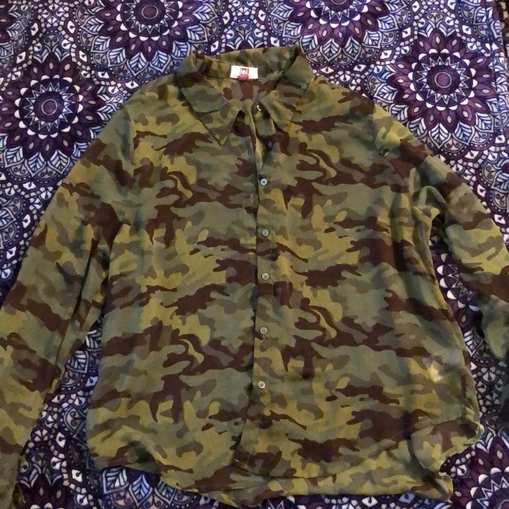 Sheer camouflage button up blouse